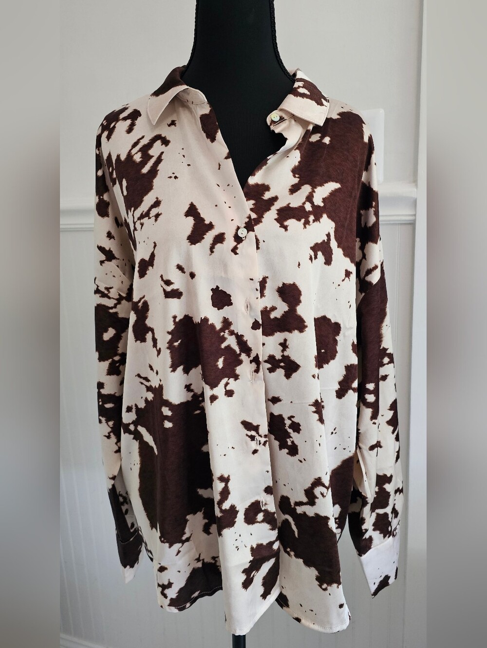 Satin Cow-Print Button Front Blouse in Cream and Brown - L